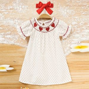 Robe manches volantées broderie cœur pois fillette