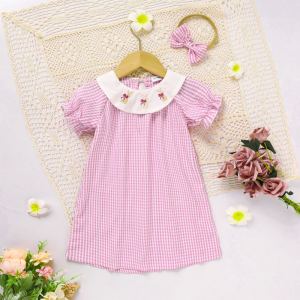 Robe fille enfant col rond manche courte à carreaux lapin