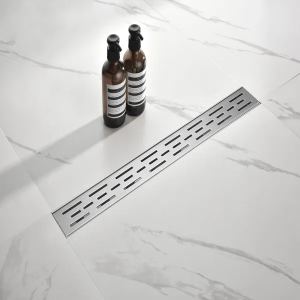 24 Inch Linear Shower Drain With Removable Brick Patterned Grate Cover, 304 Stainless Steel Shower Floor Drain With Hair Strainer And Leveling Feet