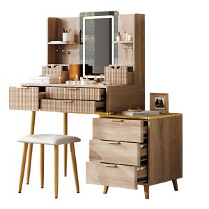 7-Drawer Vanity Desk With LED Mirror & Carved Details, Fluted Makeup Table With Metal Legs And PU Stool, Carved Dressing Table With Jewelry Storage For Bedroom