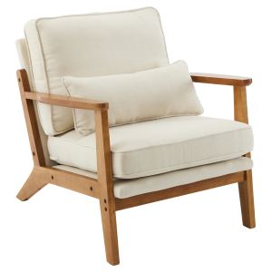 Fauteuil lounge simple bras chêne tissu blanc cassé
