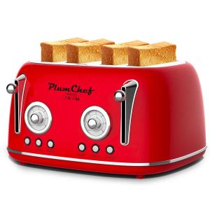 Grille-Pain Rétro 4 Tranches Rouge 1650W 6 Niveaux