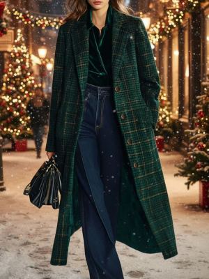 Casual Loose-fitting Retro Plaid Mid-length Coat