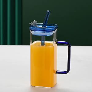 Verre bleu avec paille carrée, 6 couleurs, couvercle inclus