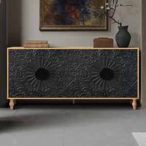 Meuble TV design symétrique noir, cadre bois, salle séjour