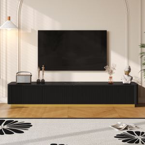 Meuble TV luxe rainuré 85", marbre, 4 tiroirs, noir