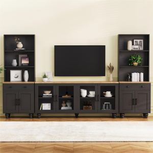 Meuble TV ferme 104" bois portes verre noir