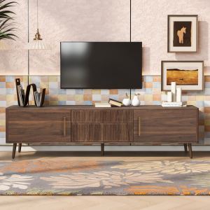 Meuble TV mi-siècle 2 tiroirs, console divertissement 80''