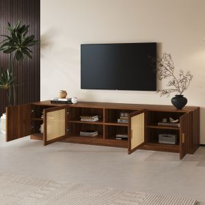 Meuble TV 78" portes rotin étagère ajustable
