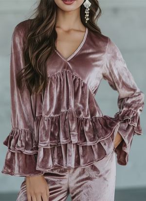 Casual V-neck Ruffled Layered Bell Sleeve Top