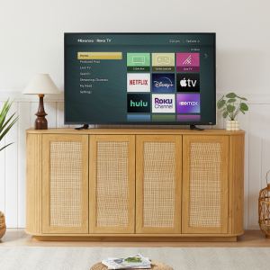 Meuble TV 64" portes rotin rayures bois naturel