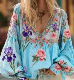 Haut col V volants broderie florale