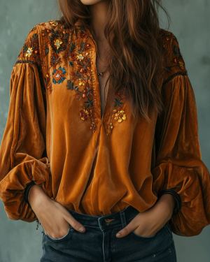 Haut casual col V manches bouffantes broderie velours floral