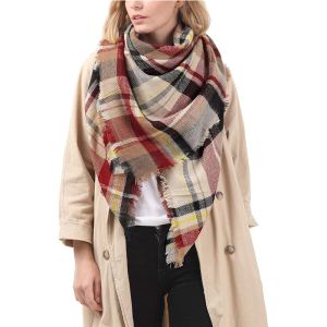 Foulard femme 59x59po rose vif à carreaux avec glands