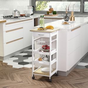 Îlot cuisine roulant bois blanc rangement paniers