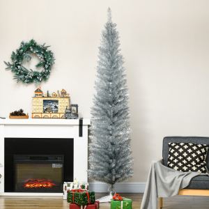 Sapin Noël pencil 7 pi, 499 branches, support plastique, argent