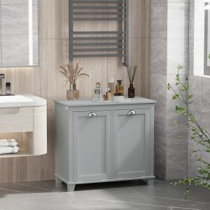 Panier à linge 2 compartiments, meuble salle bain gris, plancher