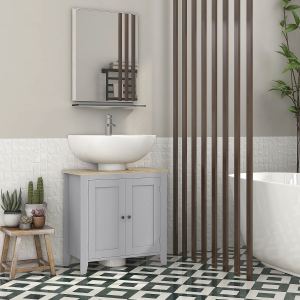 Vanité salle bain lavabo piédestal, découpe U, étagère ajustable
