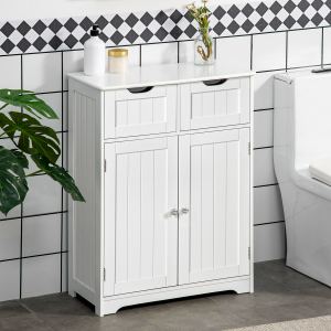Meuble rangement salle bain, 2 tiroirs, tablette ajustable, blanc