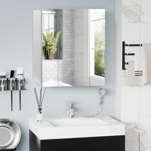 Meuble armoire miroir salle bain 3 portes tablettes ajustables blanc