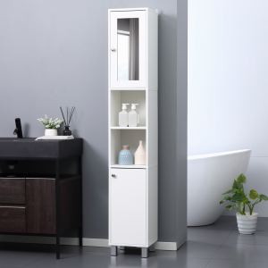 Armoire salle de bain miroir bois blanc, tour rangement tablettes ajustable