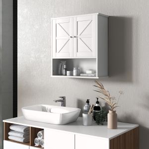 Armoire de salle de bain ferme, portes grange, tablette ajustable, blanc