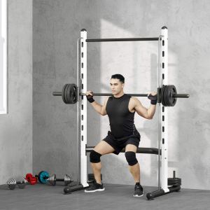 Rack squat avec barre tractions, banc ajustable, blanc