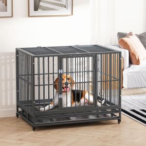 Caisse chien métal 43po robuste, 2 portes, roues, plateau gris