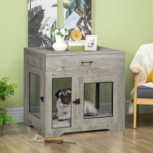 Meuble-cage pour chien petit format, coussin gris résistant à l'eau