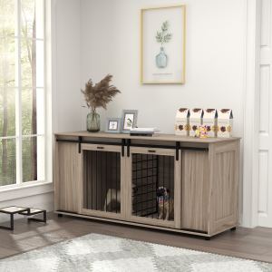 Meuble chenil chien 71" noyer, 2 petits/1 grand