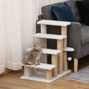 Escalier chat 4 niveaux blanc avec griffoirs, lit