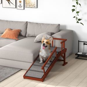 Rampe chien bois 49", barrières amovibles, antidérapant, brun