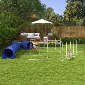 Kit 7pc entraînement agilité chien: tunnels, poteaux, haie, anneau, bleu