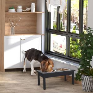 Mangeoire chien surélevée bois 23po, 2 bols acier inox noir