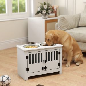 Armoire rangement nourriture chien avec bols et station alimentation, blanc
