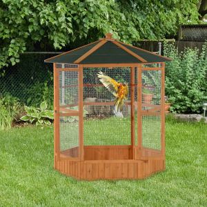 Volière hexagonale 69" en bois, toit couvert