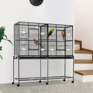 Cage oiseaux 65" bois perchoir étagère roulante