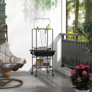 Perchoir oiseau roues bols inox petit perroquet gris