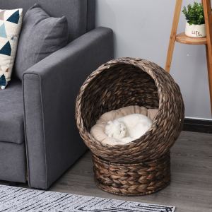 Lit chat surélevé tissé avec panier rotatif, chaise oeuf, marron