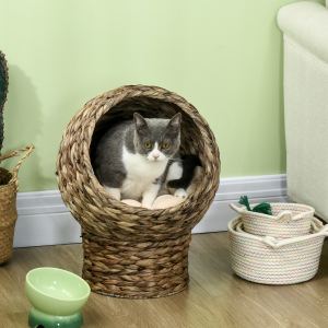 Handwoven Elevated Cat Bed with Soft Cushion & Egg Chair Shape, Basket Bed Kitty House with Stand, Raised Wicker House for Indoor Cats, 20" H, Gray
