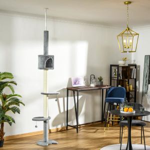 Arbre chat 100" ajustable sol-plafond 4 étages, griffoir, gris