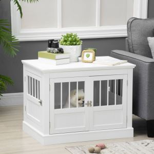 Meuble cage chien 3 portes, pin blanc, petits chiens