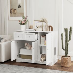 Meuble litière chat tiroirs, 39x18x31,5po, blanc