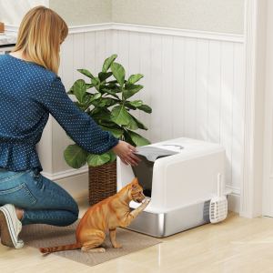 Bac litière chat acier inox 2-en-1 couvercle, pelle, filtres blanc
