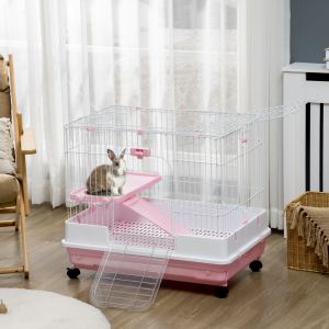 Cage petit animal 2 niveaux roues rose
