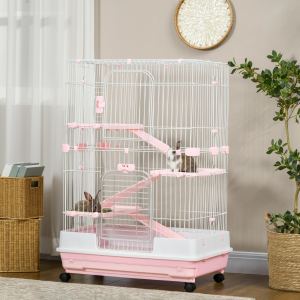 Cage petit animal 32 po 4 niveaux lapin roulettes rose