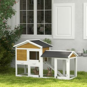Clapier lapin 58" bois, tiroir, toit, portes, rampe