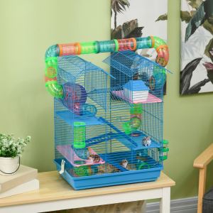 Cage hamster 5 étages 18,5" avec tubes et roue, bleu