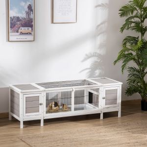  Rabbit Hutch, Bunny Cage, Guinea Pig House with Pull-Out Tray, and Divided Board for Indoor, White
