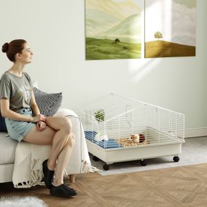 Cage rongeur roulante 35"x35"x25", bouteille, mangeoire foin